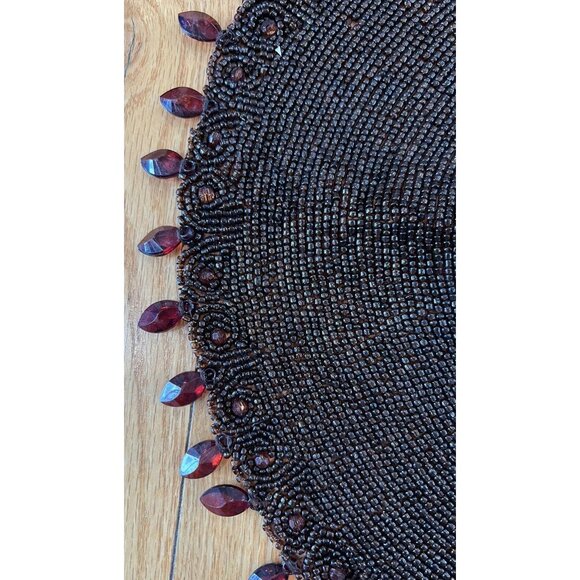 Glass Beaded Round Doily 15” Faceted Drop Crystals Brown Runner Vintage - Picture 2 of 7